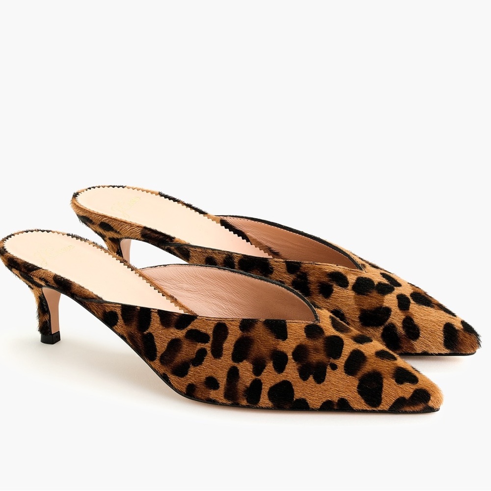 j. crew SOPHIA calf hair leopard kitten heel mules